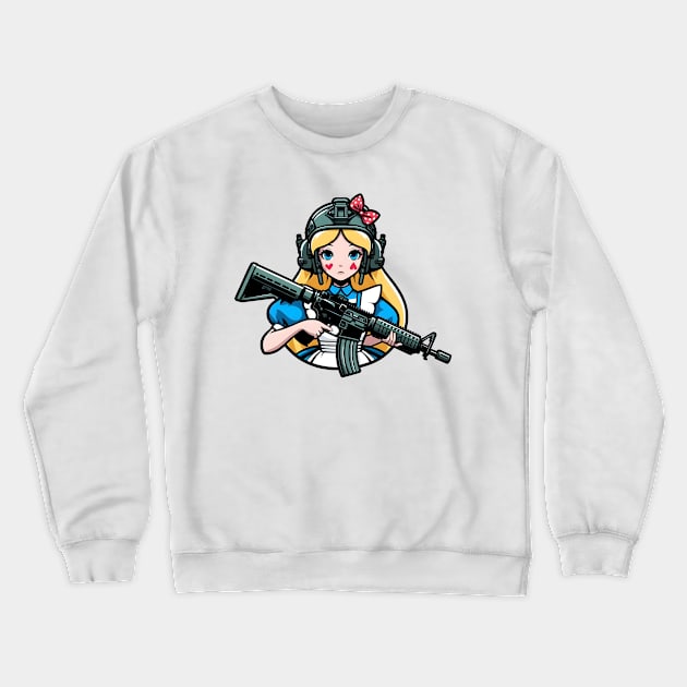 Tactical Wonderland Odyssey Tee: A Unique Twist on Alice's Journey Crewneck Sweatshirt by Rawlifegraphic